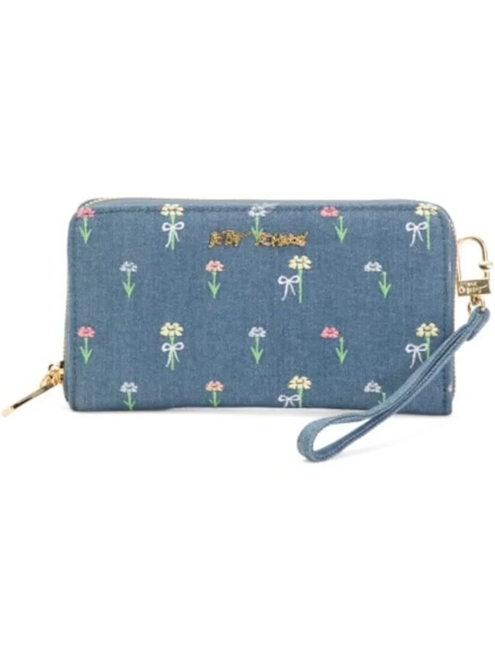 Floral Embroidered Denim Zip Wallet with Wristlet Strap - Stylish Blue